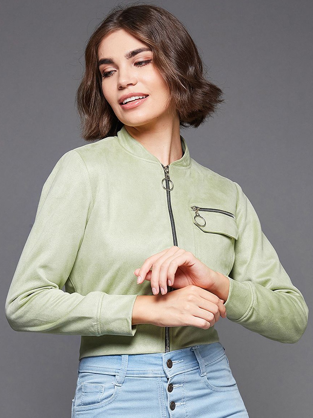 

BAESD Women Mandarin Collar Crop Biker Jacket, Green