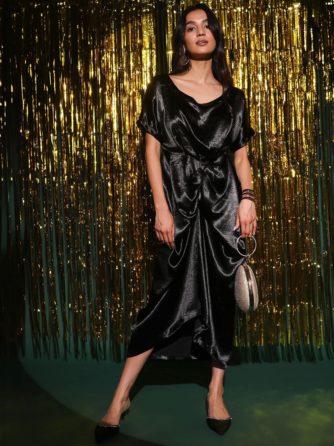 

PINACOLADA Women Round Neck Satin Wrap Midi Dress, Black