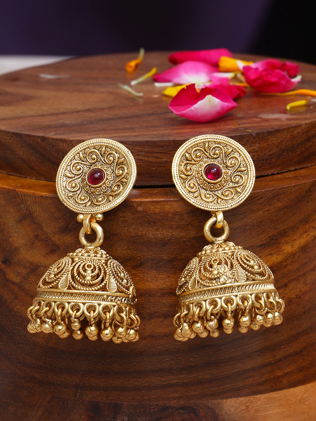 

Adwitiya Collection Gold-Plated Stone Studded Dome Shaped Jhumkas
