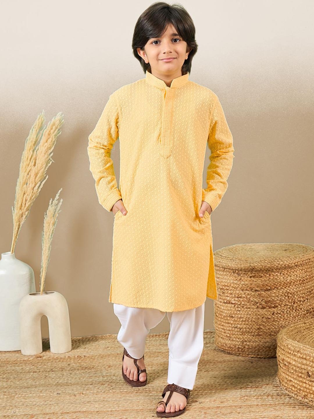

YK Boys Floral Embroidered Regular Chikankari Kurta with Patiala, Yellow