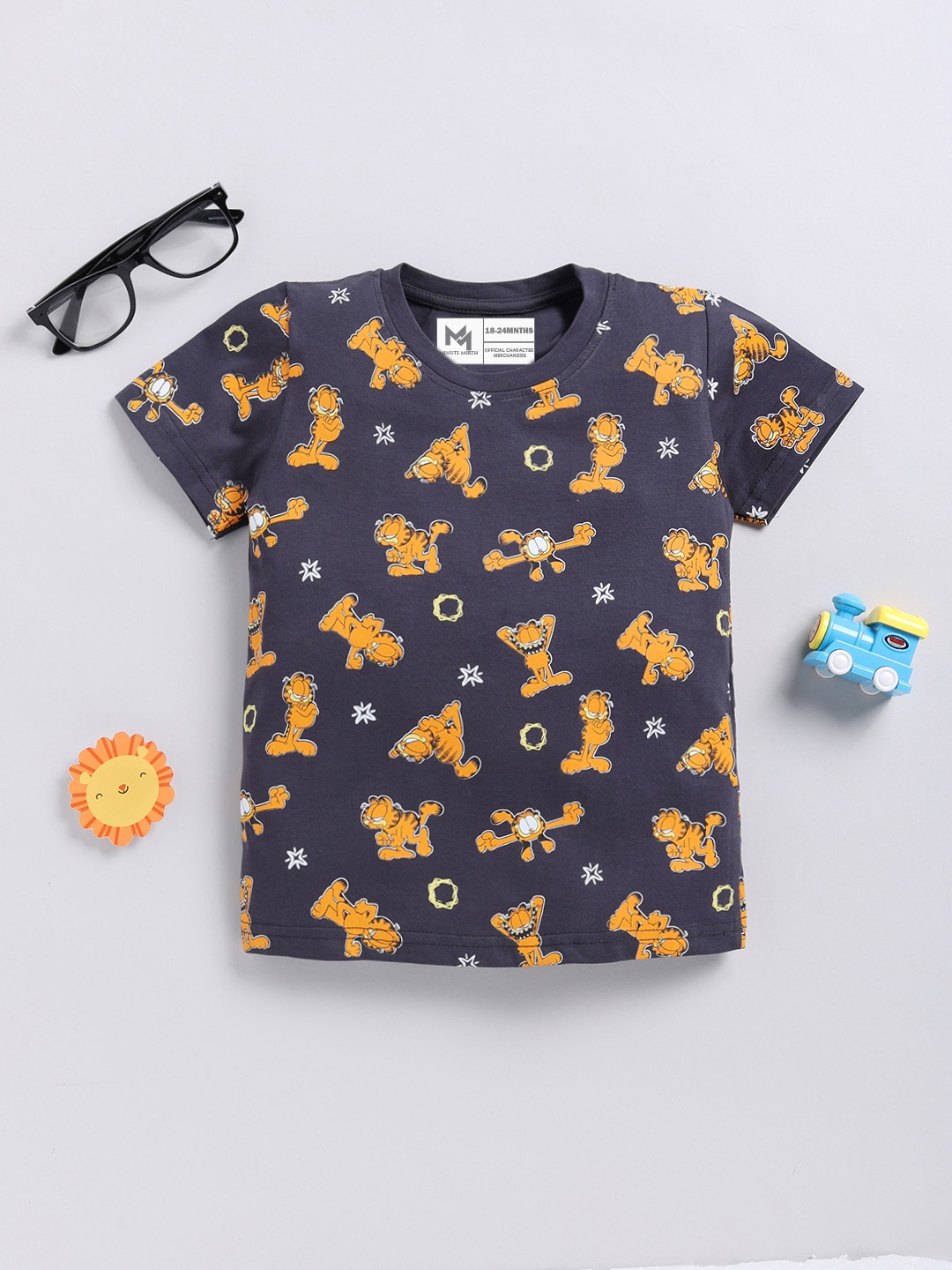 

YK X Minute Mirth Infant Boys Garfield Printed Pure Cotton T-shirt, Charcoal