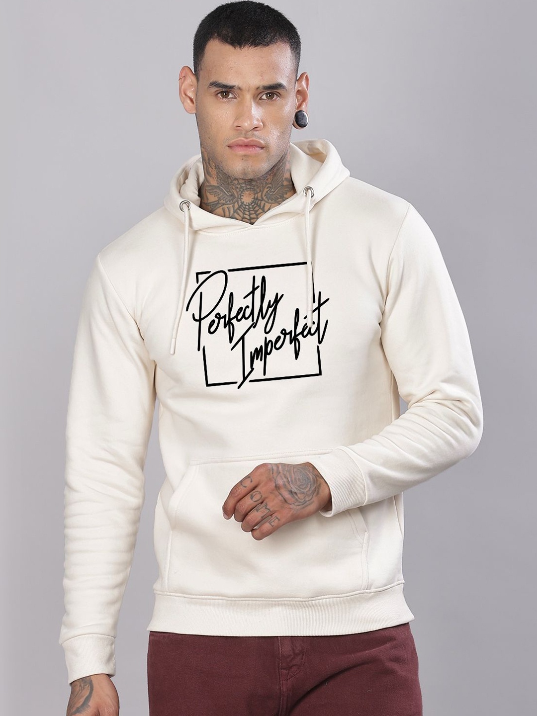 

ADRO Men Cotton Printed Hooded Pullover Sweatshirt, White