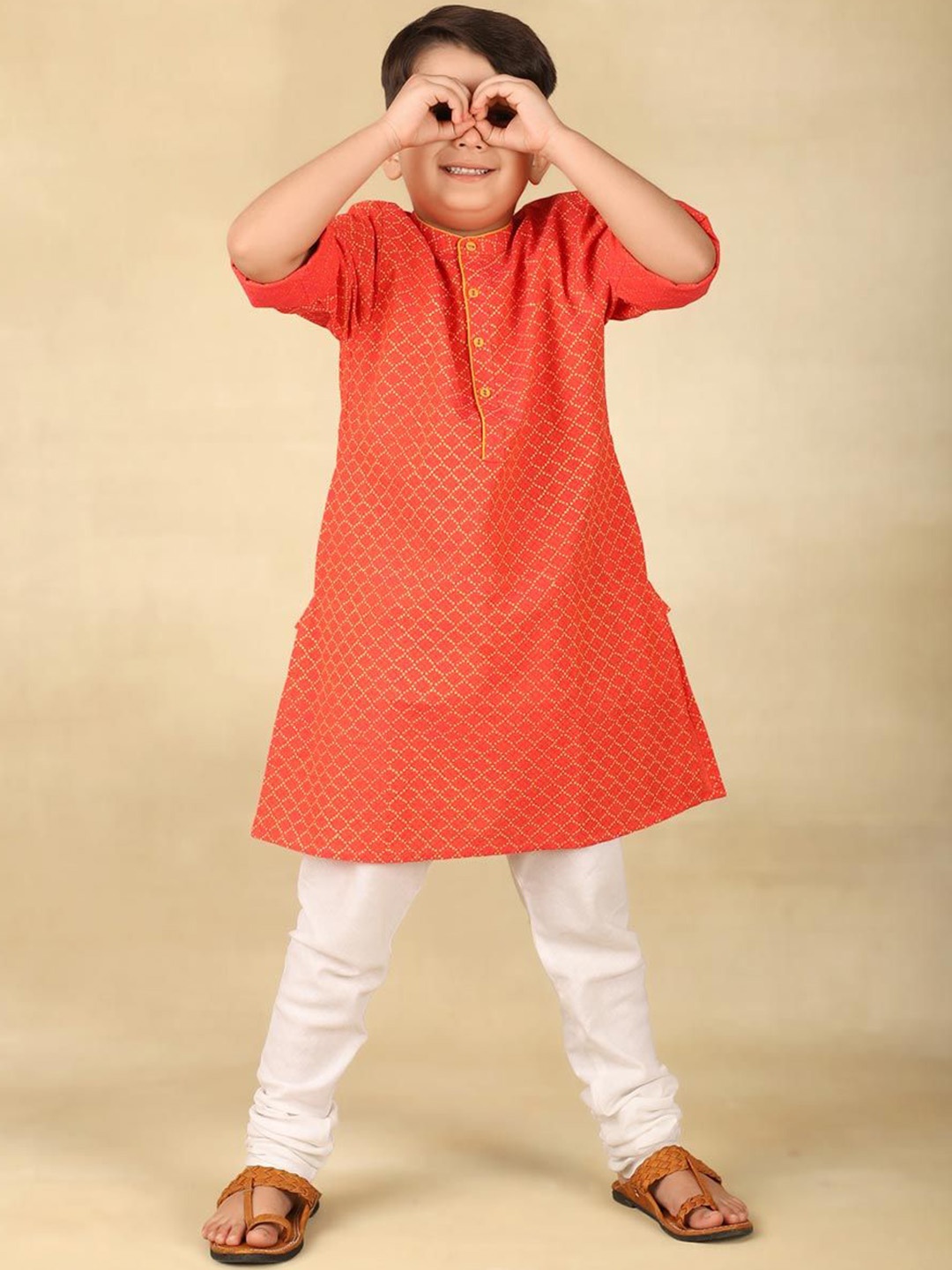 

Fabindia Boys Geometric Printed Mandarin Collar Cotton Straight Kurta, Pink