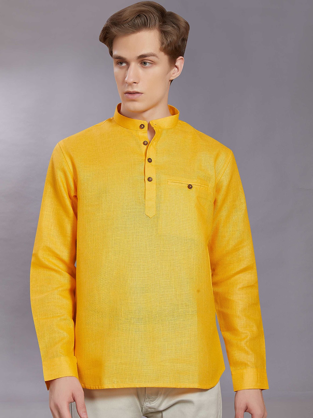 

DIVISIVE Woven Design Band Collar Pure Cotton Straight Kurta, Yellow