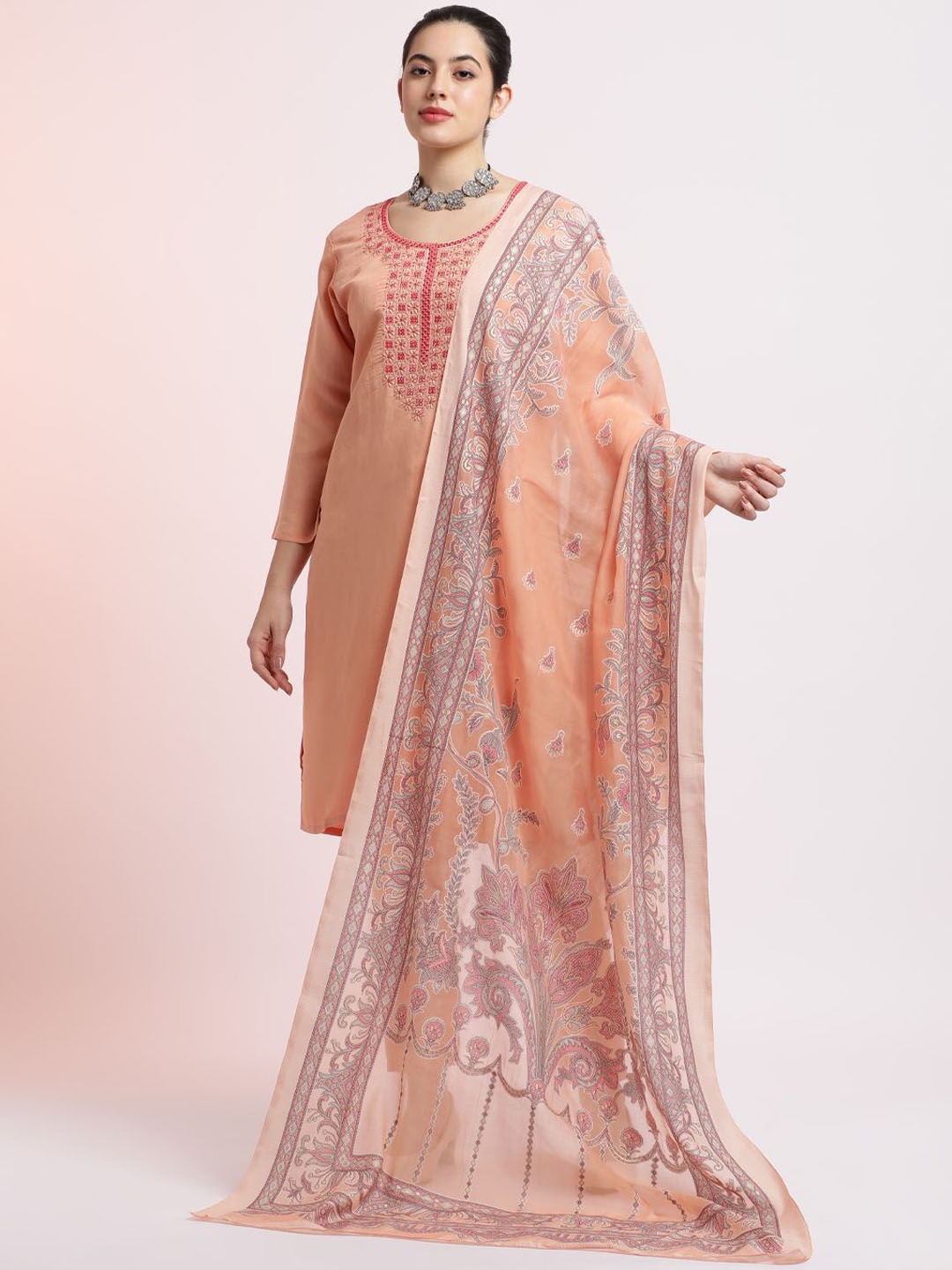 

Jaipur Kurti Embroidered Silk Blend Kurta Set With Dupatta, Peach