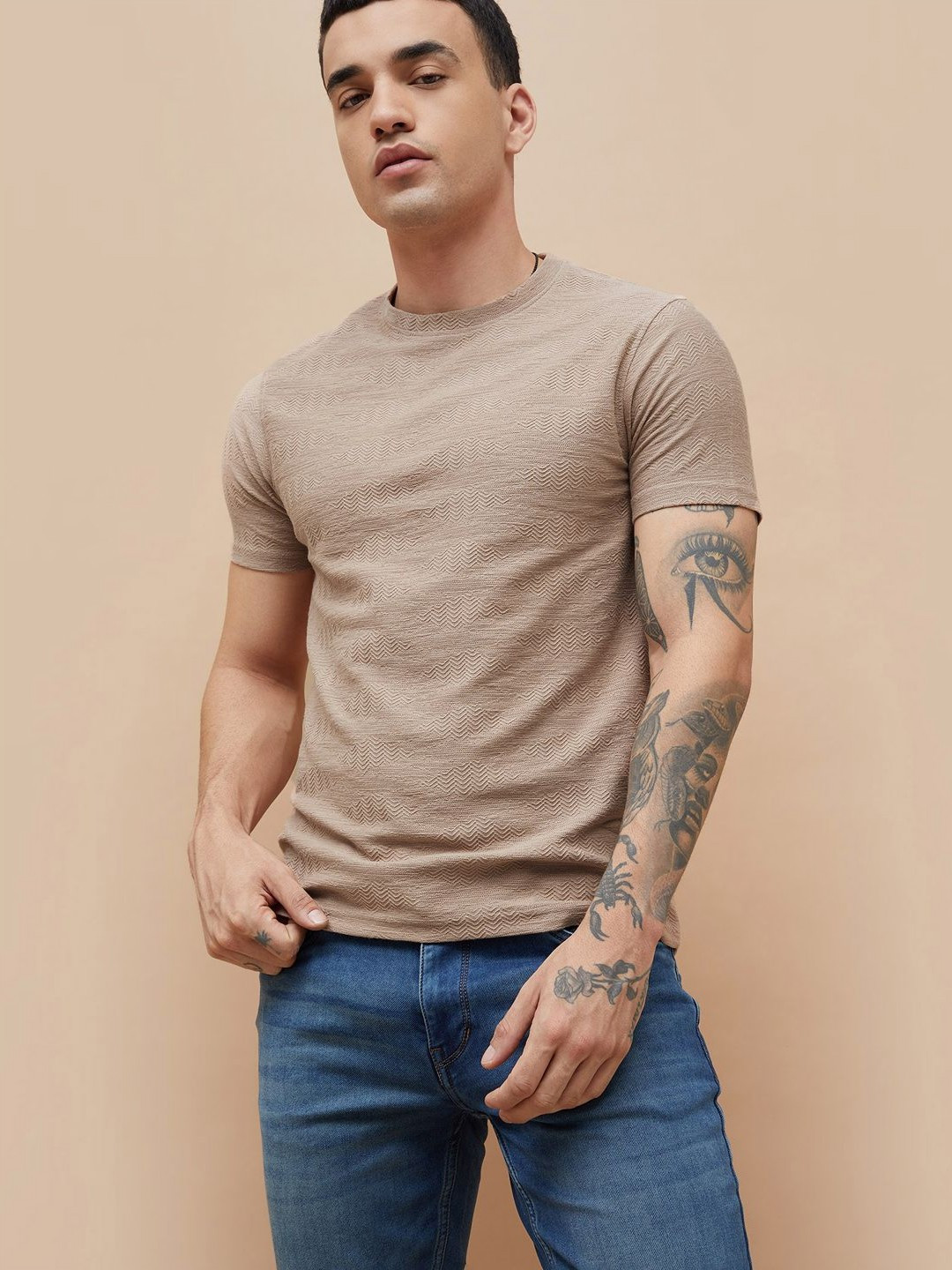 

Fame Forever by Lifestyle Men Solid Round Neck Cotton Slim Fit T-shirt, Beige