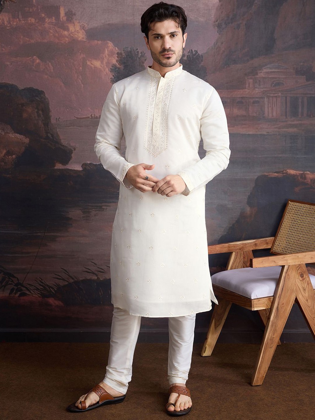 

House of Pataudi Embroidered Straight Kurtas, Beige
