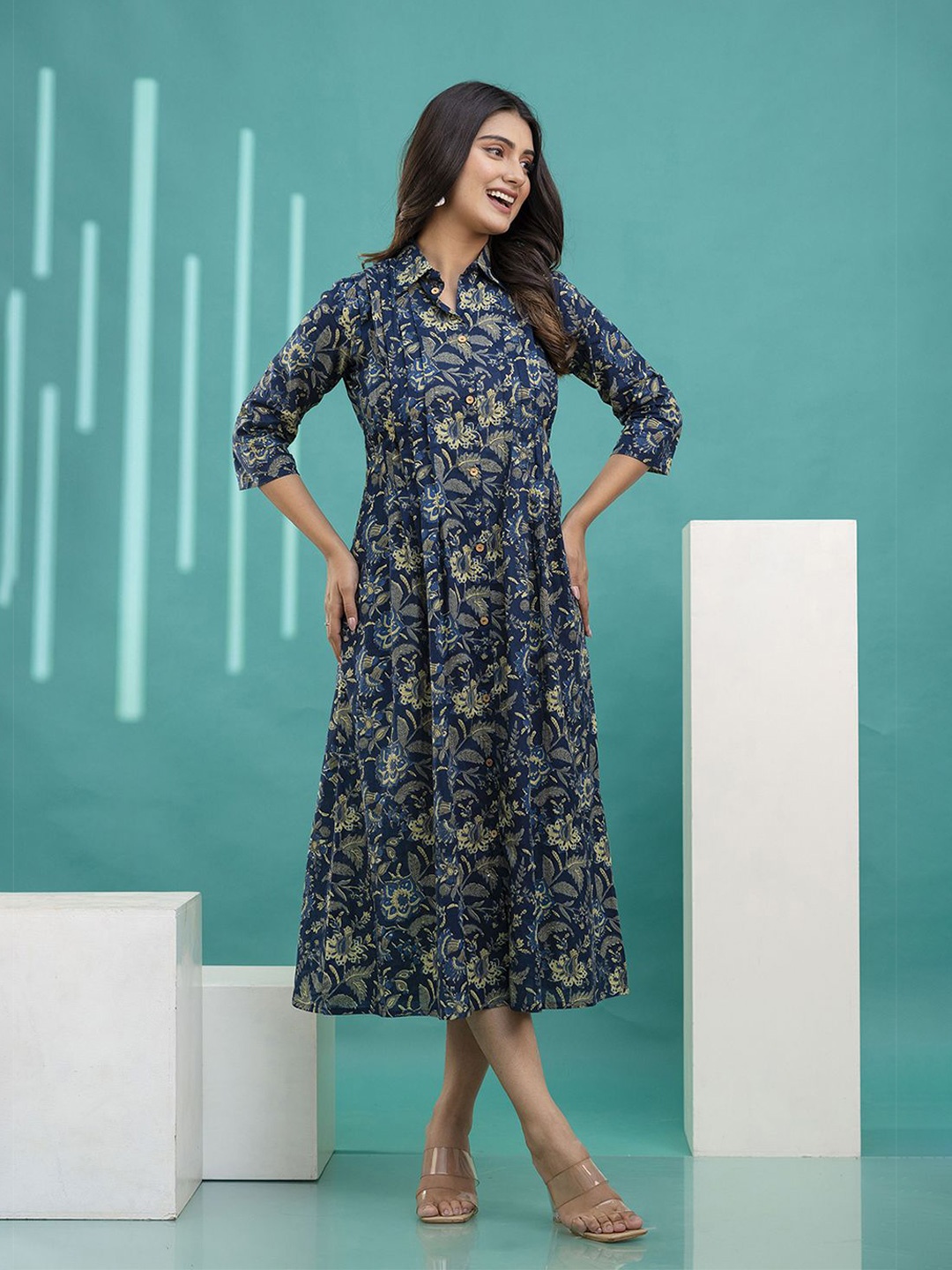 

Nayo Floral Print Shirt Midi Dress, Blue