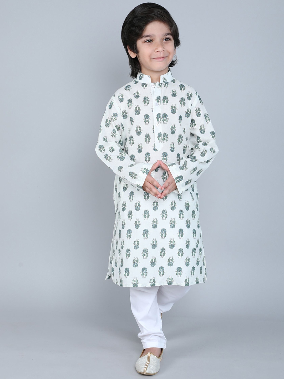 

Little Clothings Boys Ethnic Printed Mandarin Collar Pure Cotton Kurta with Churidar, Off white