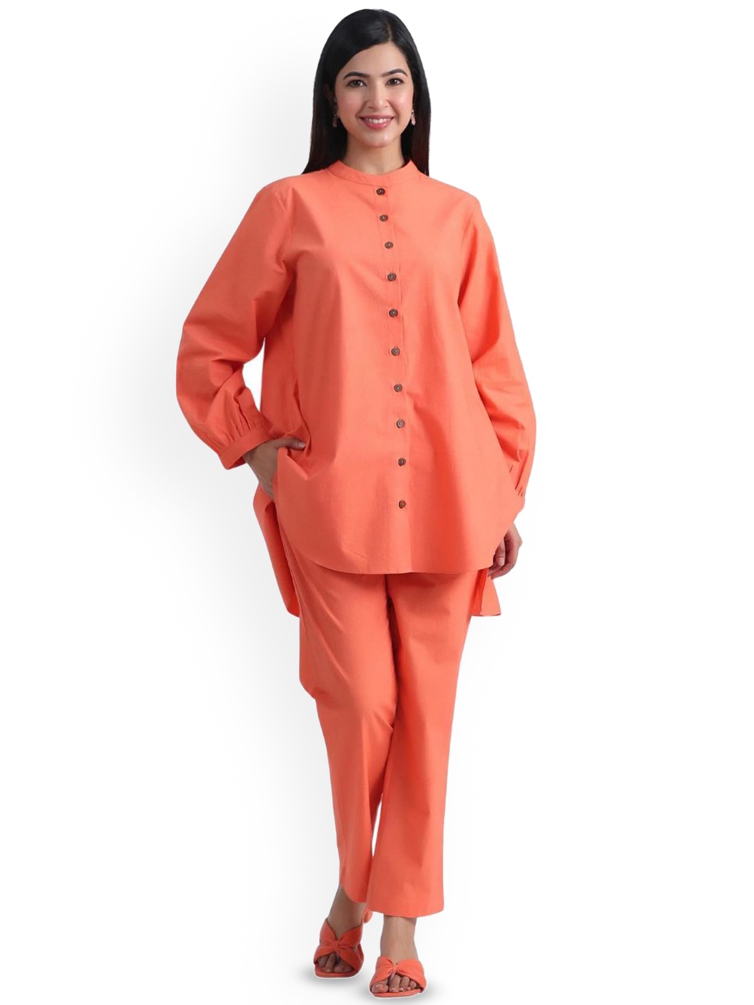 

JAIPURRANG Pure Cotton Mandarin Collar Tunic & Trousers, Peach