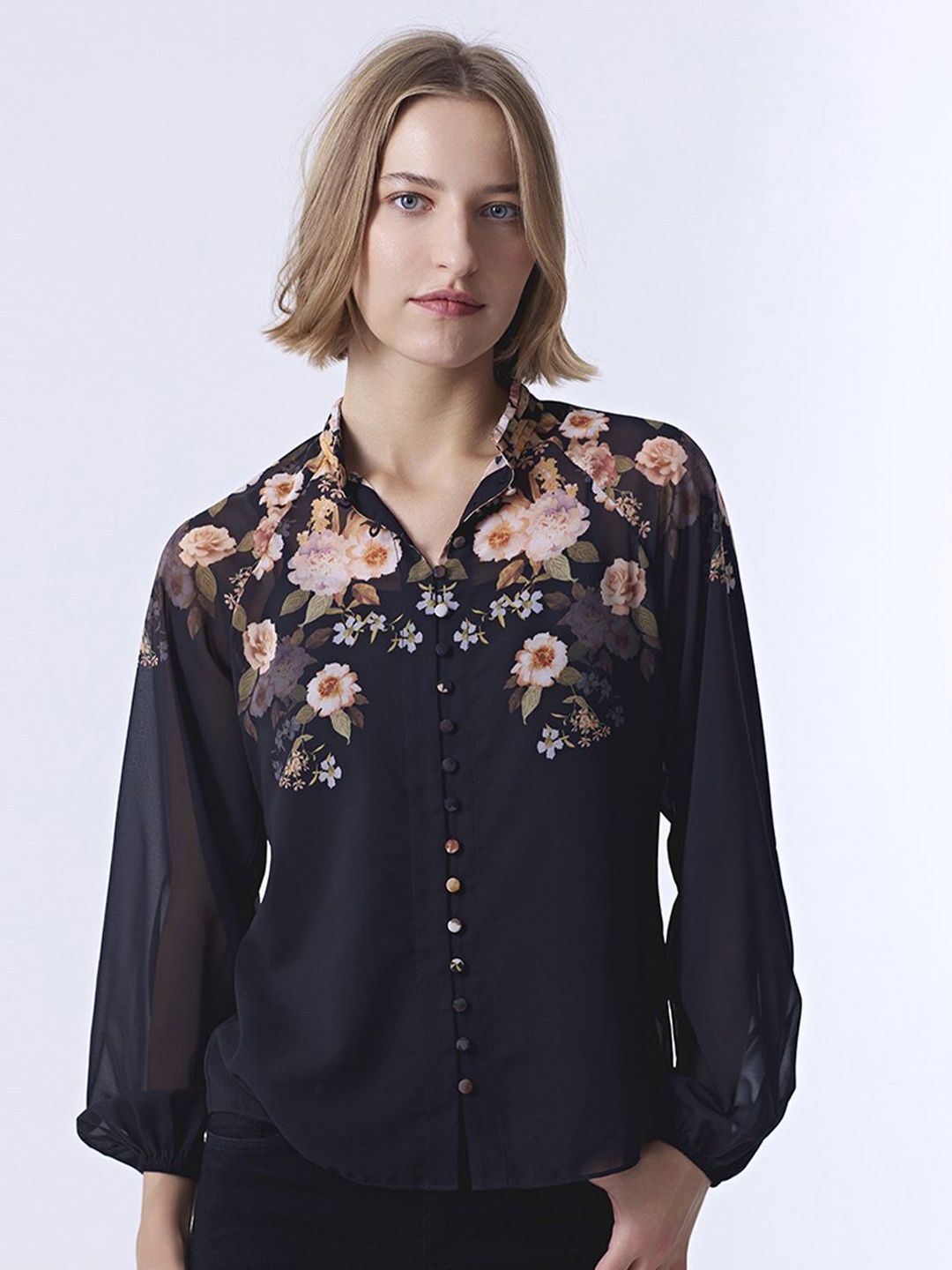 

COVER STORY Floral Print Georgette Shirt Style Top, Black
