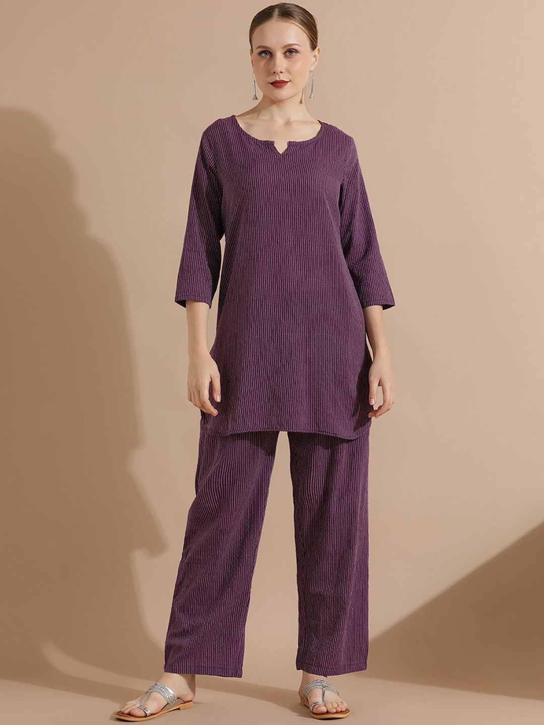 

STYLEBAAZI Women Regular Kantha Work Pure Cotton Kurta with Trousers, Purple