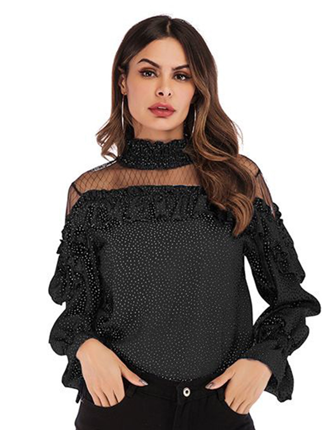 

HERE&NOW Women Printed High Neck Casual Top, Black