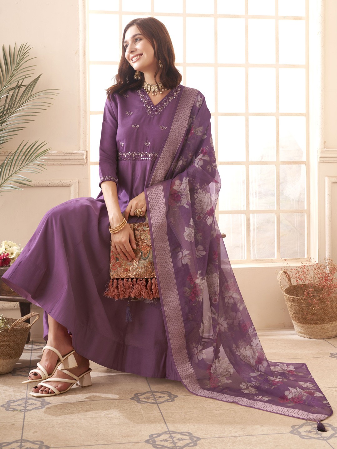 

Anouk Floral Embroidered V-Neck Mirror Work Anarkali Kurta & Trousers With Dupatta, Purple