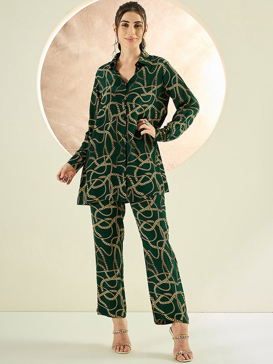 

First Resort by Ramola Bachchan Printed Shirt With Trousers Co-Ords, Green
