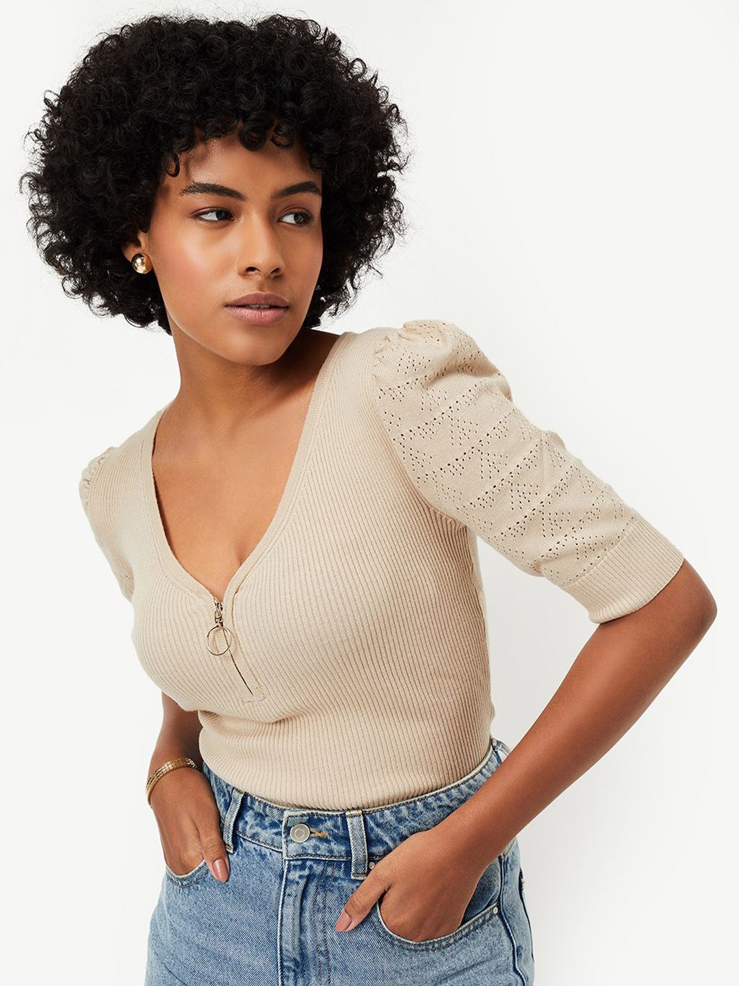 

max Women Solid V-Neck Top, Beige