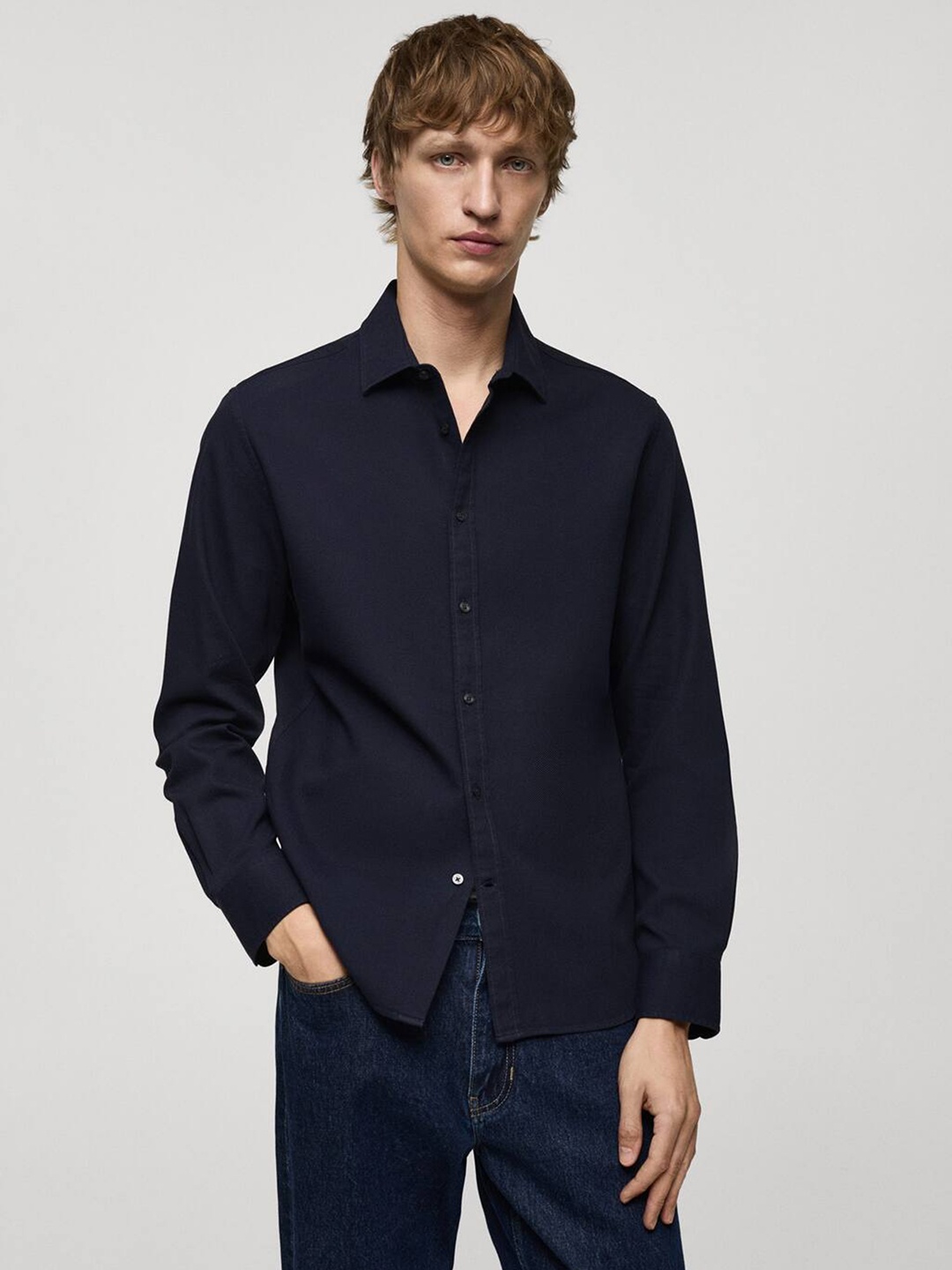 

MANGO MAN Solid Smart Casual Shirt, Navy blue