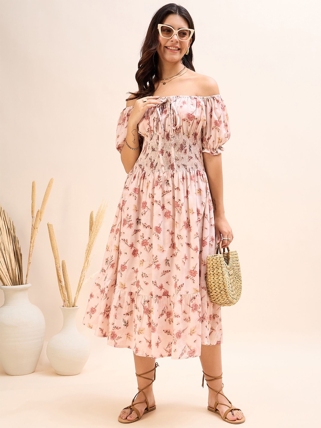 

DressBerry Floral Printed Off-Shoulder Puff Sleeve Fit & Flare Midi Dress, Peach