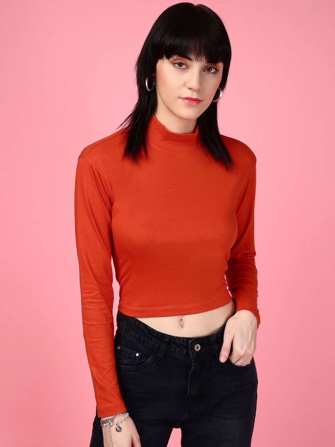

DressBerry Women Solid Turtle Neck Cotton Slim Fit T-shirt, Orange
