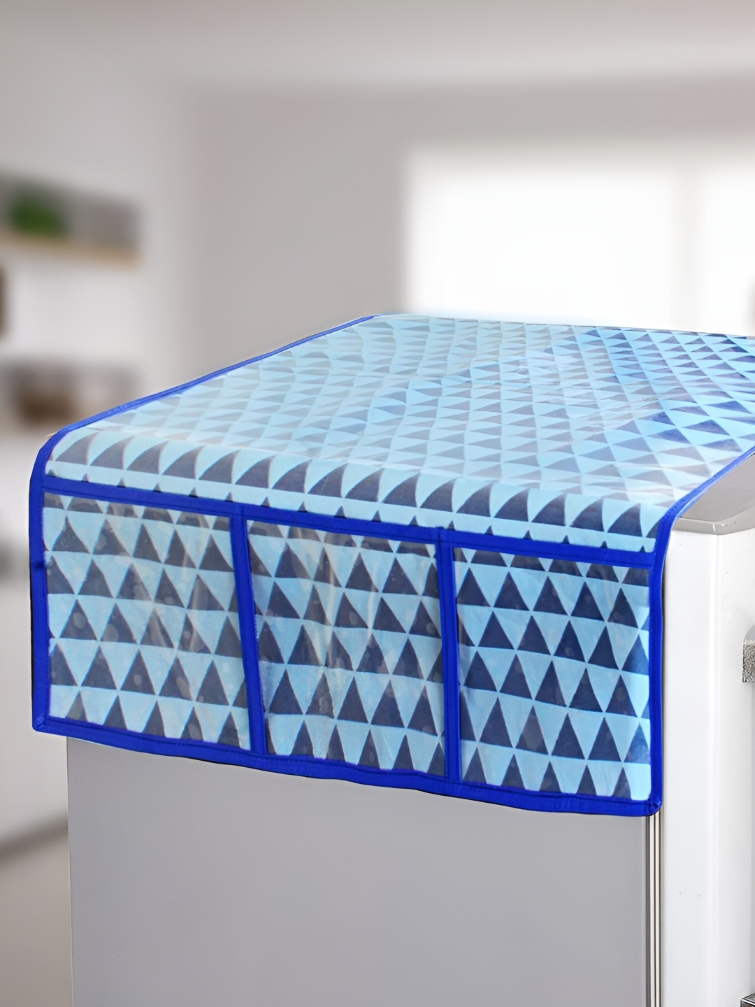 

prettykrafts Blue & Grey Printed Refrigerator Top Cover With 6 Utility Pockets