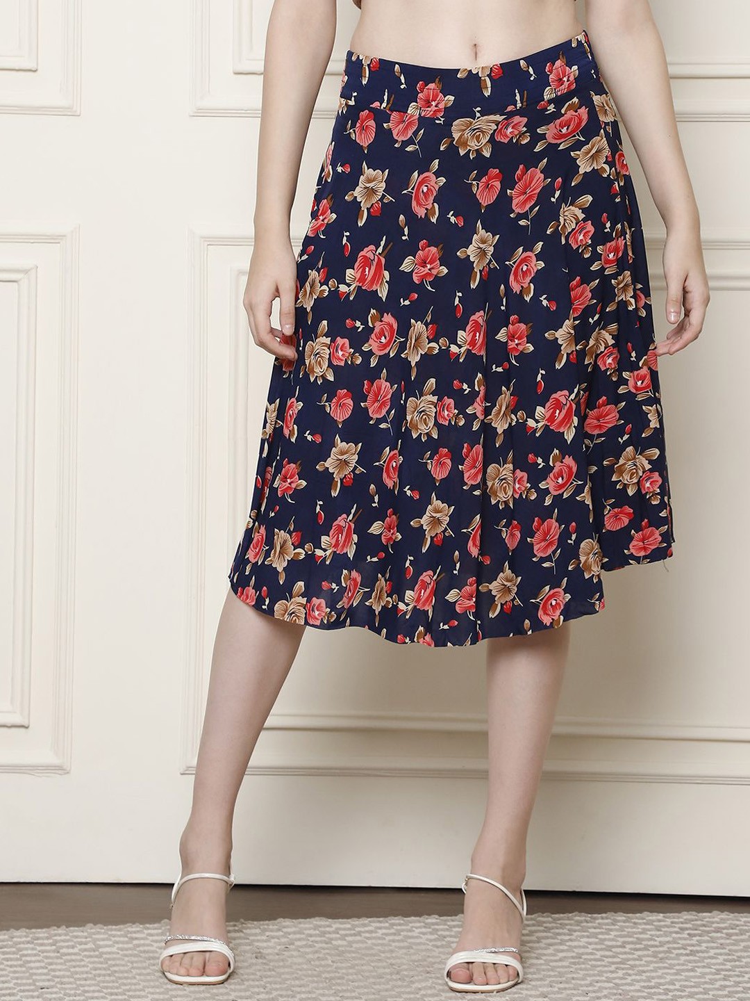

GRACIT Women Floral Printed Flared Knee-Length Skirts, Blue