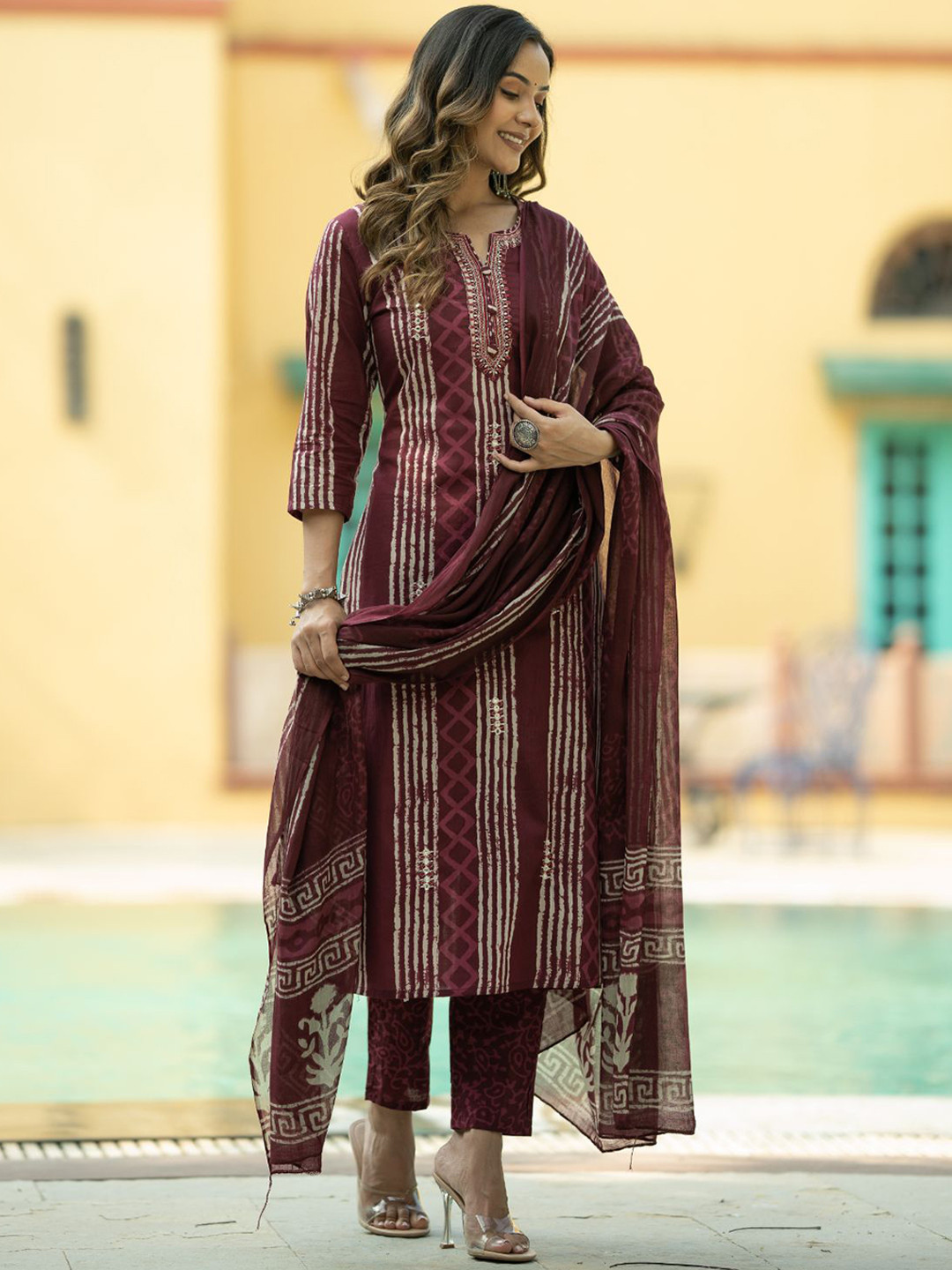

Kiana House Of Fashion Floral Printed Pure Cotton Kurta With Trousers & Dupatta, Maroon