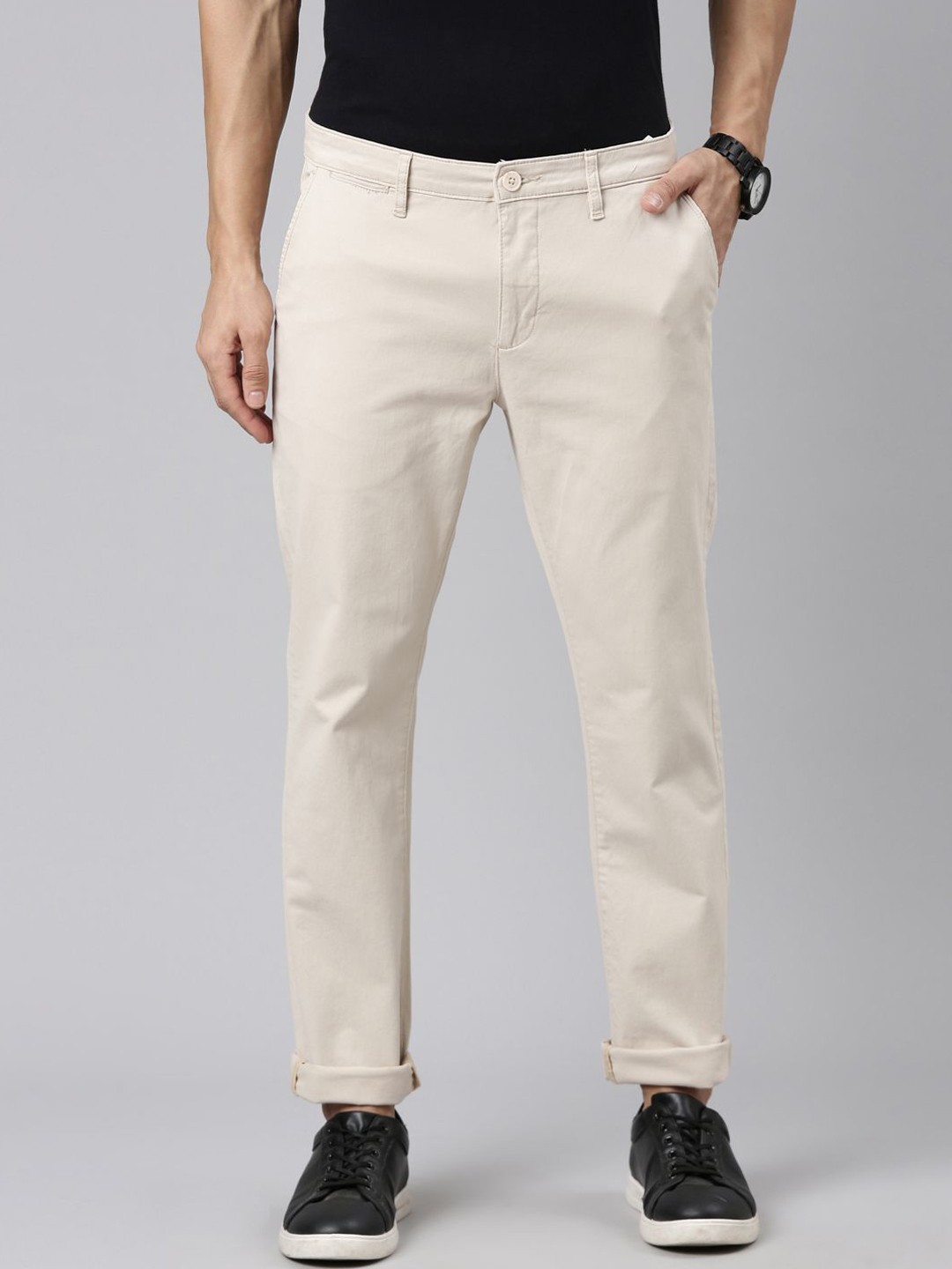 

American Bull Men Slim Fit Mid-Rise Cotton Trousers, Beige