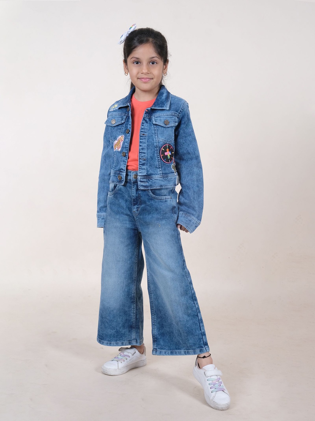 

KiddoPanti Girls Round Neck T-Shirt And Flared Jeans With Jacket, Coral