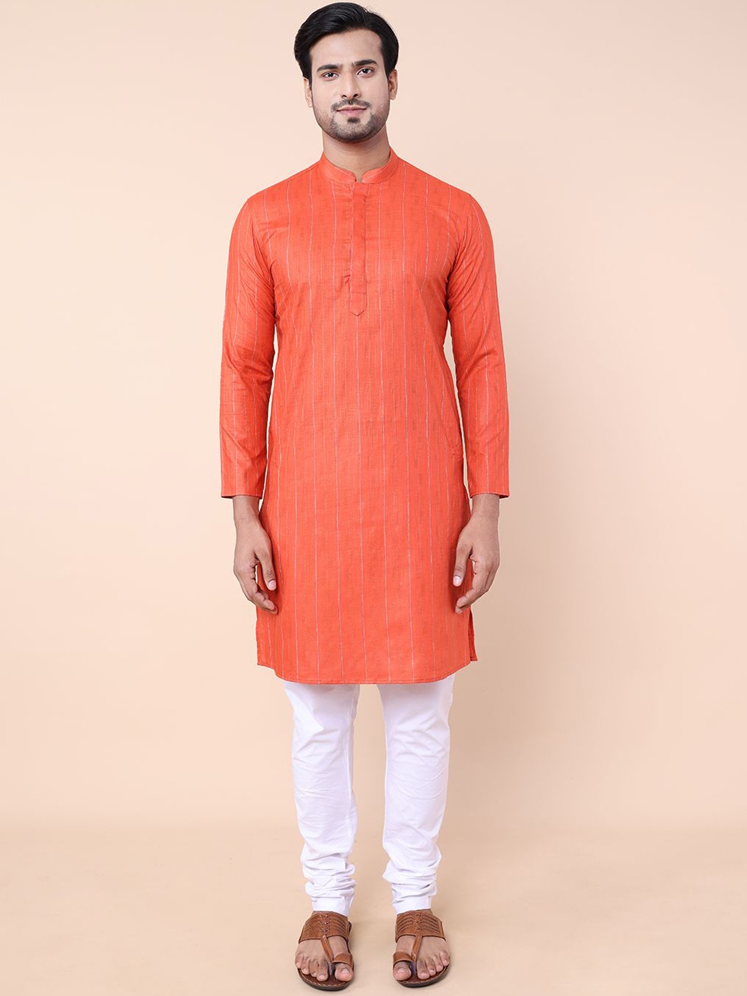 

NAMASKAR Striped Printed Mandarin Collar Straight Kurta, Orange