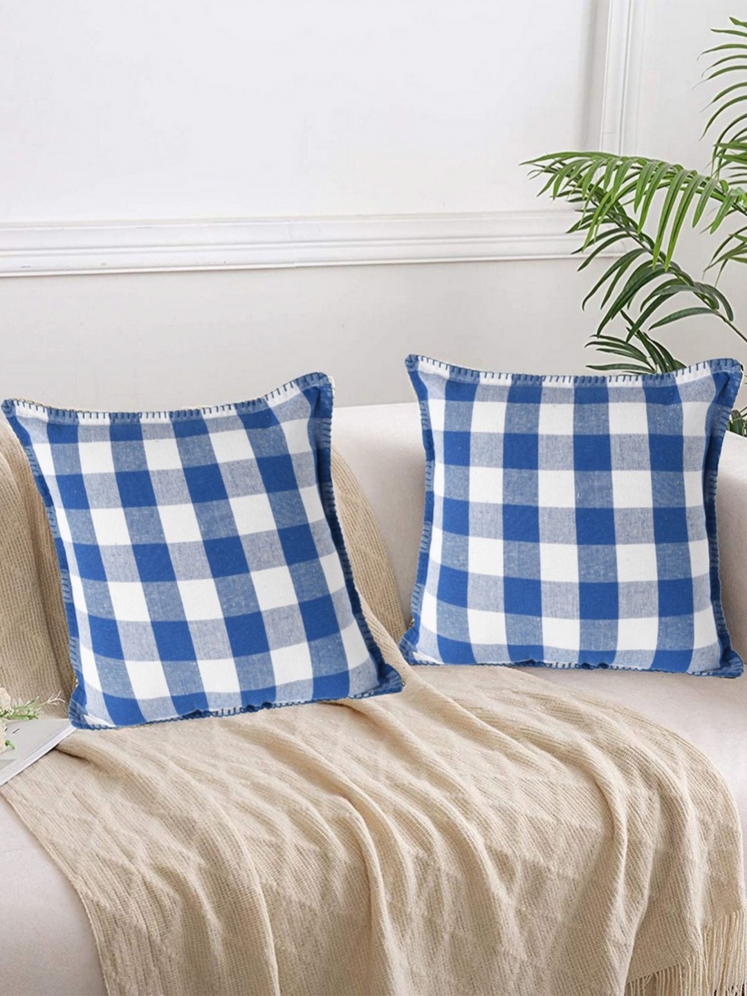 

Lushomes Blue & White 2 Pieces Checked Cotton Square Cushion Covers With Blanket Stitch