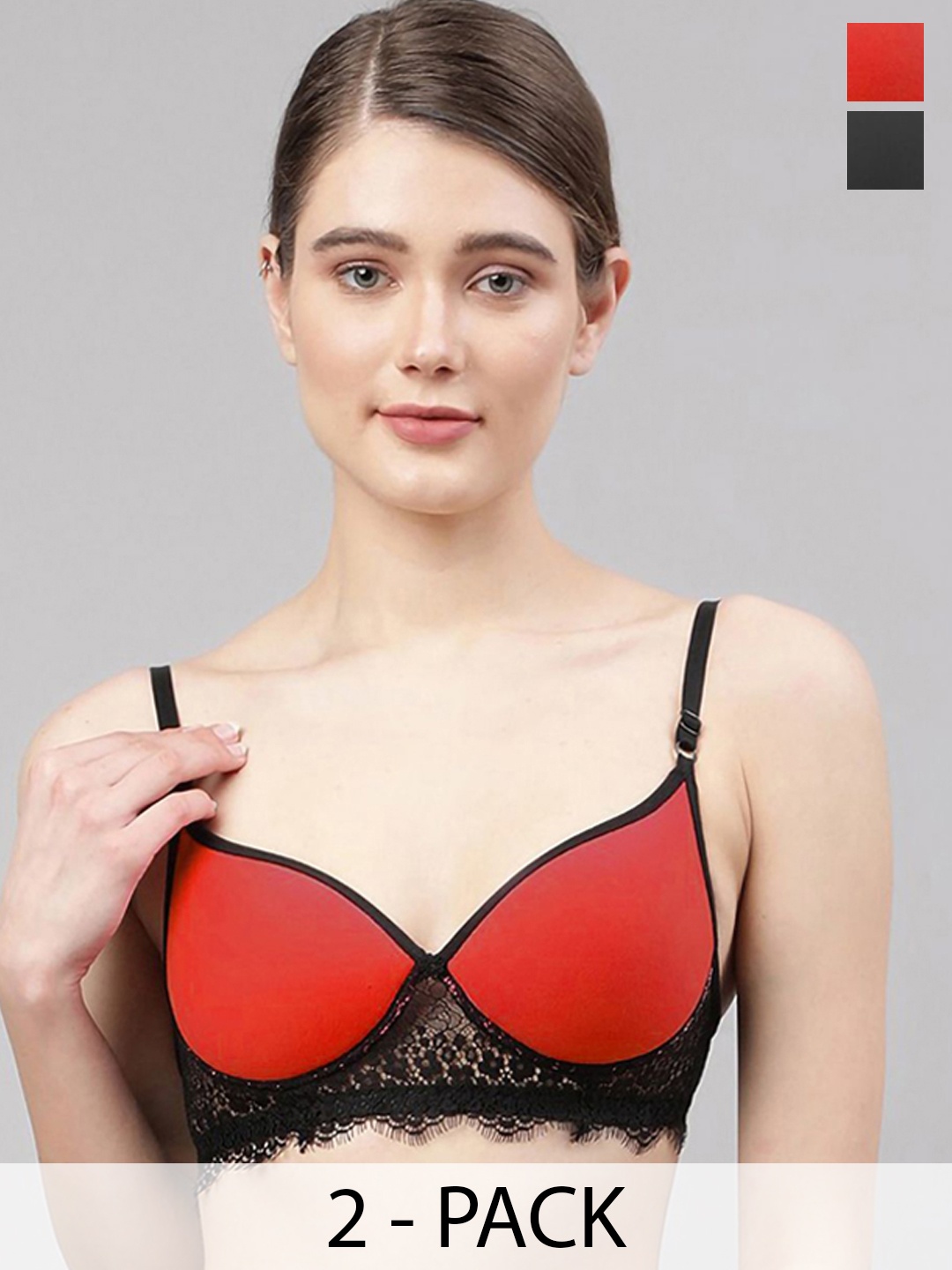 

AROUSY Pack Of 2 Lace Lightly-Padded Lingerie Sets A_Cupri Set2, Red