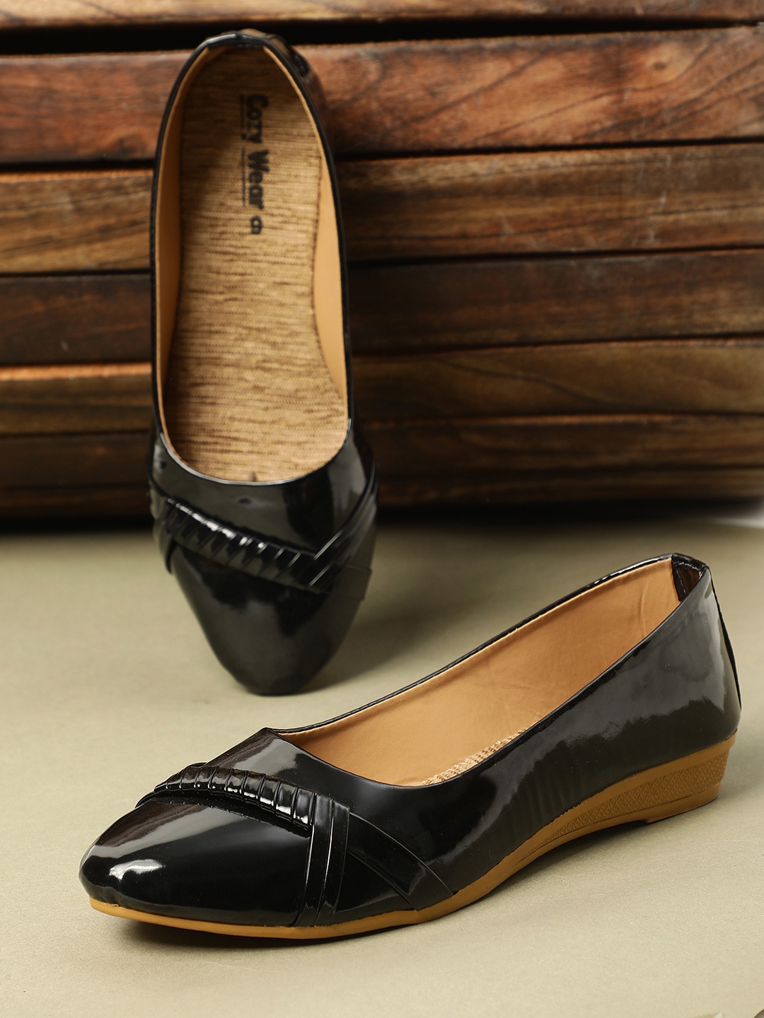 

Cozy Wear Women Ballerinas Open Toe Slip-On Flats, Black