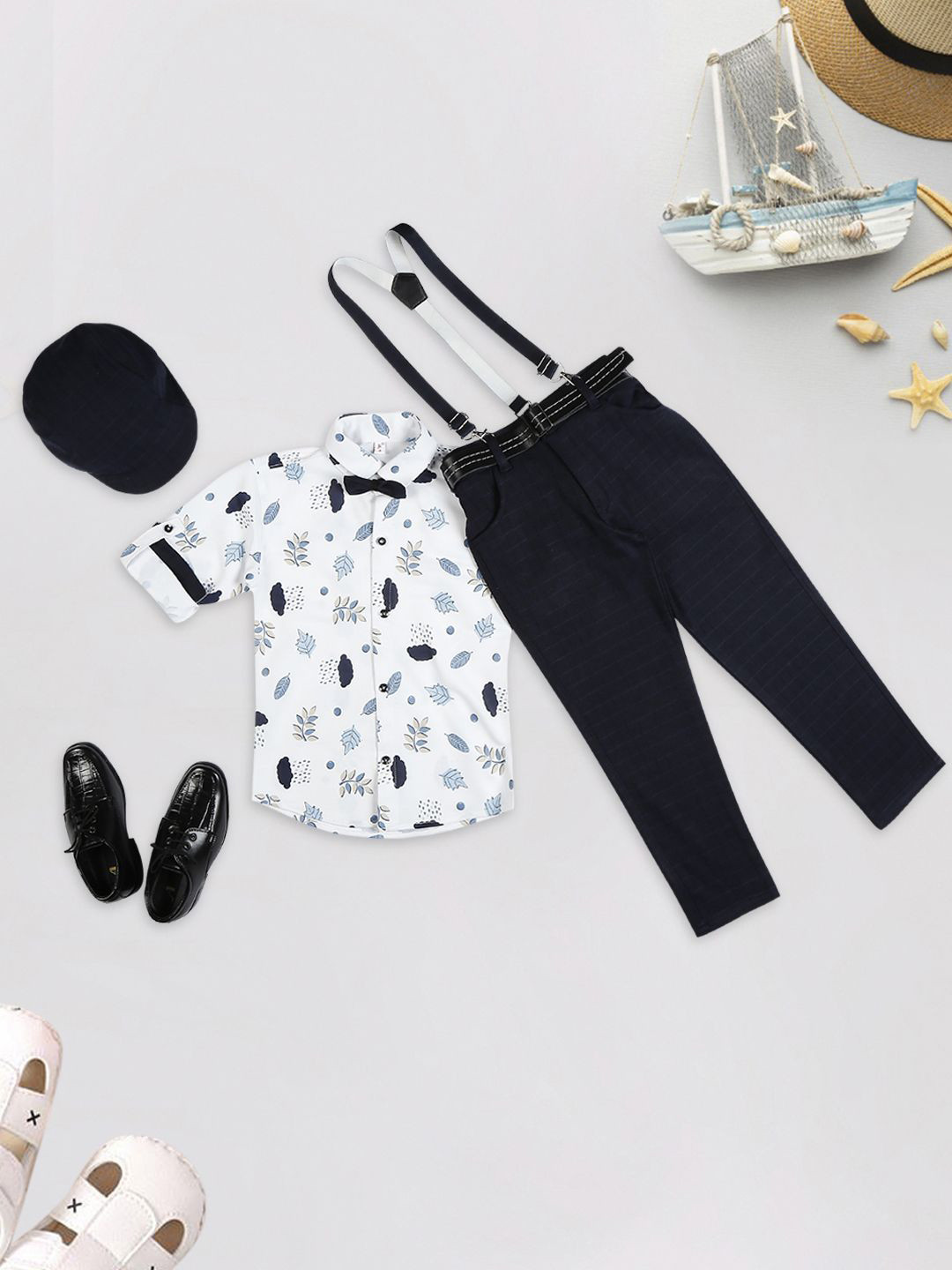 

YK Boys Printed Shirt Collar Neck Cotton Blend Shirt & Trousers & Suspender & Bow Tie, Navy blue