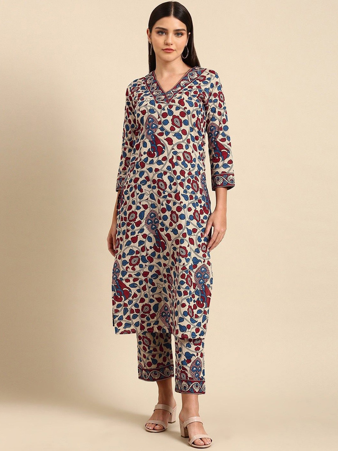 

Rujave Floral Printed Pure Cotton Straight Kurta with Palazzos, Cream