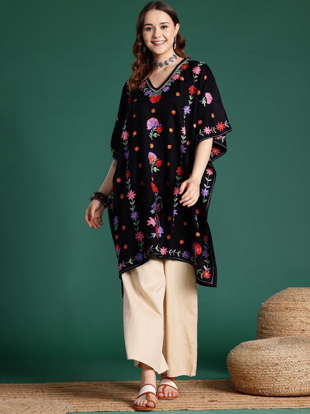 

Sangria Black Floral Embroidered V-Neck Thread Work Jacquard Kaftan Kurta