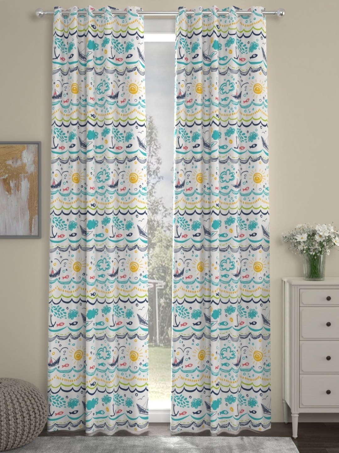 

ROSARA HOME Blue and White 2 Pieces Floral Printed Long Door Curtains