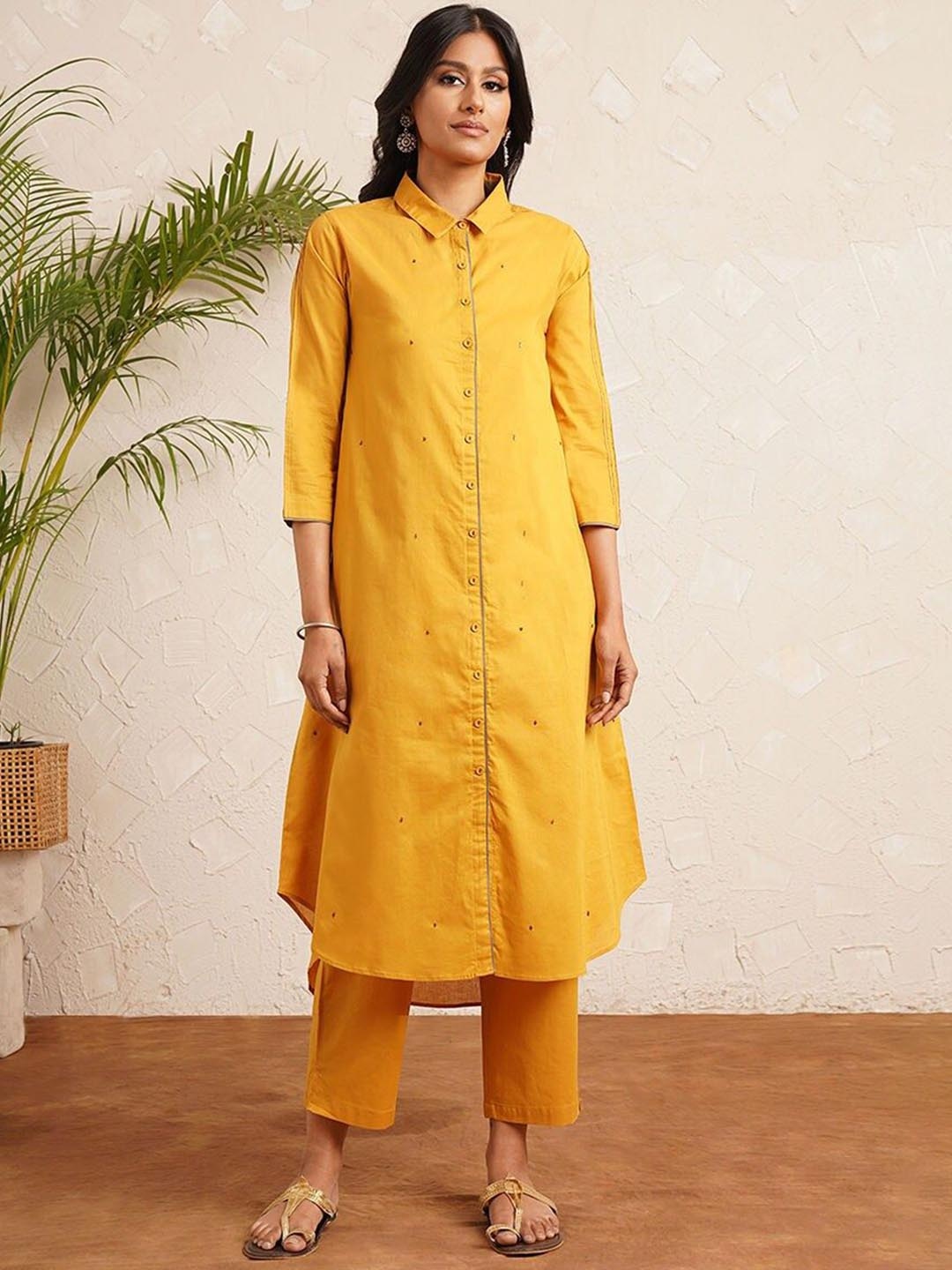 

JAYPORE Thread Work Pure Cotton A-Line Kurta, Mustard