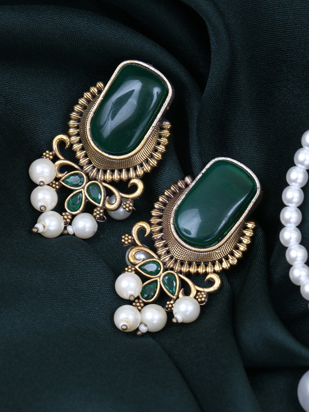 

Adwitiya Collection Gold Plated Artificial Stone & Pearl Studded Classic Drop Earrings