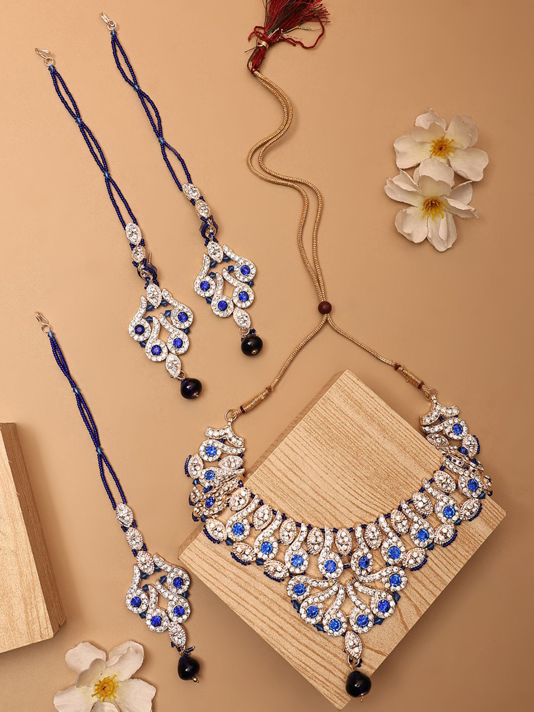 

ANIKAS CREATION Sliver-Plated Stone-Studded & Beaded Necklace & Earrings With Maang Tika, Silver