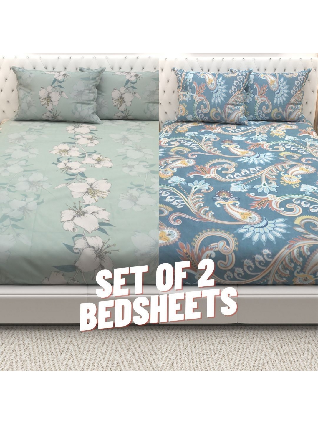 

Athom Living Blue & Grey Floral 210 TC Queen Bedsheet with 2 Pillow Covers