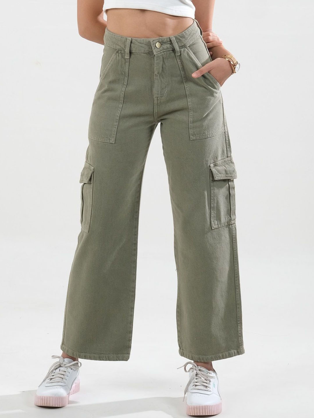 

FILLY Women Flared High-Rise Cargos Trousers, Green