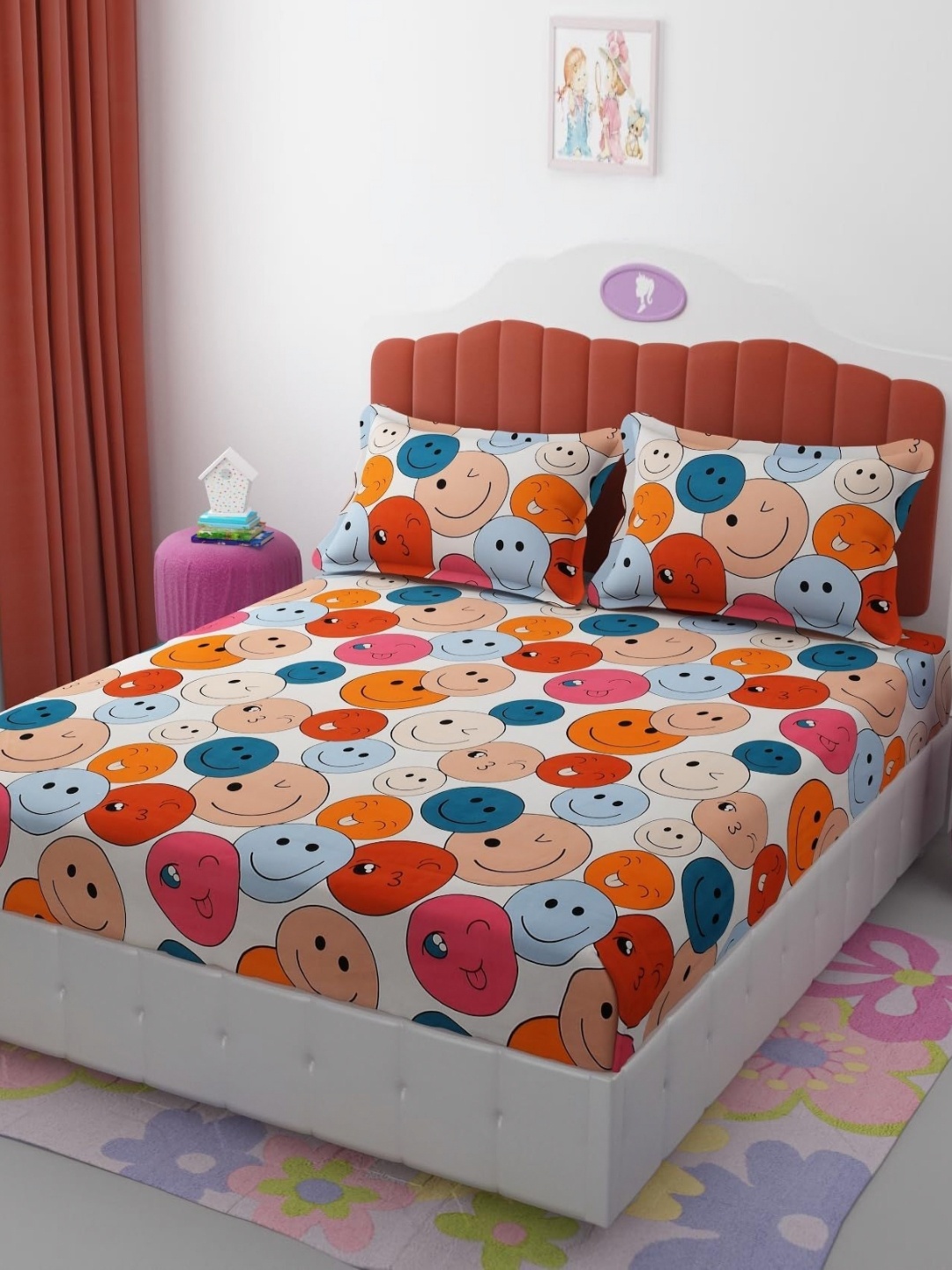 

Banchmark Home Furnishings Blue Graphic Printed 300 TC King Bedsheet With 2 Pillow Covers, White