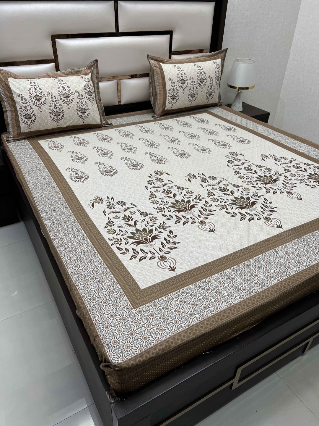 

Pure Decor White & Brown Ethnic Motifs Pure Cotton 380TC King Bedsheet & 2 Pillow Covers