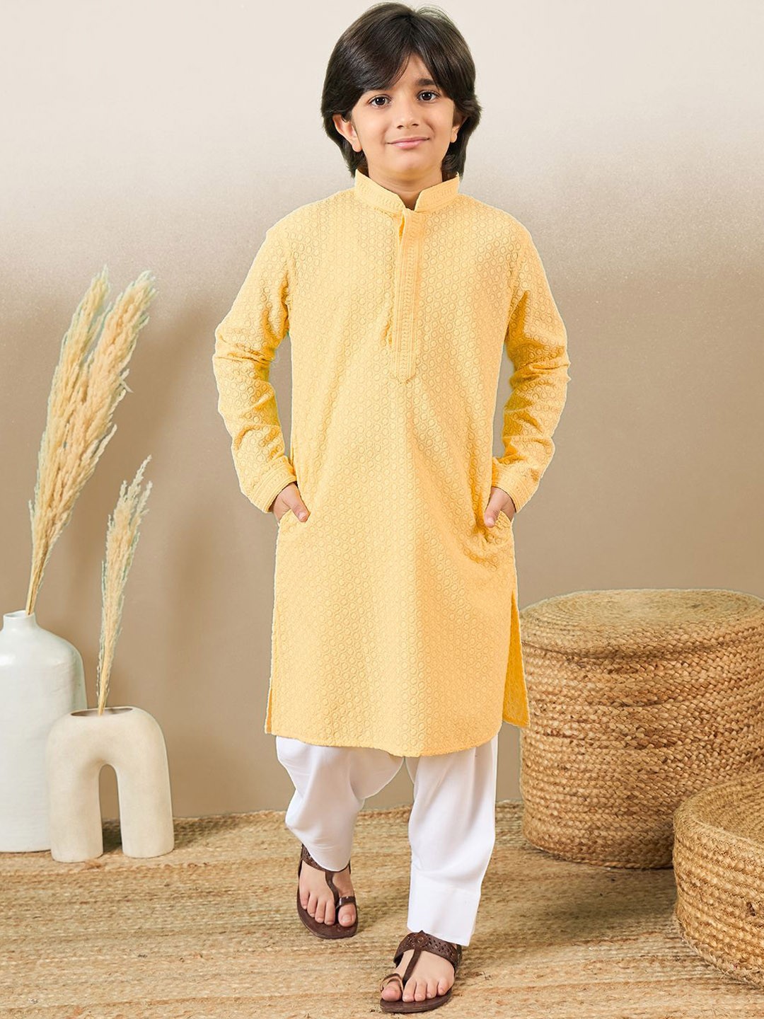 

Here&Now X Sanwara Boys Floral Embroidered Chikankari Kurta With Patiala, Yellow