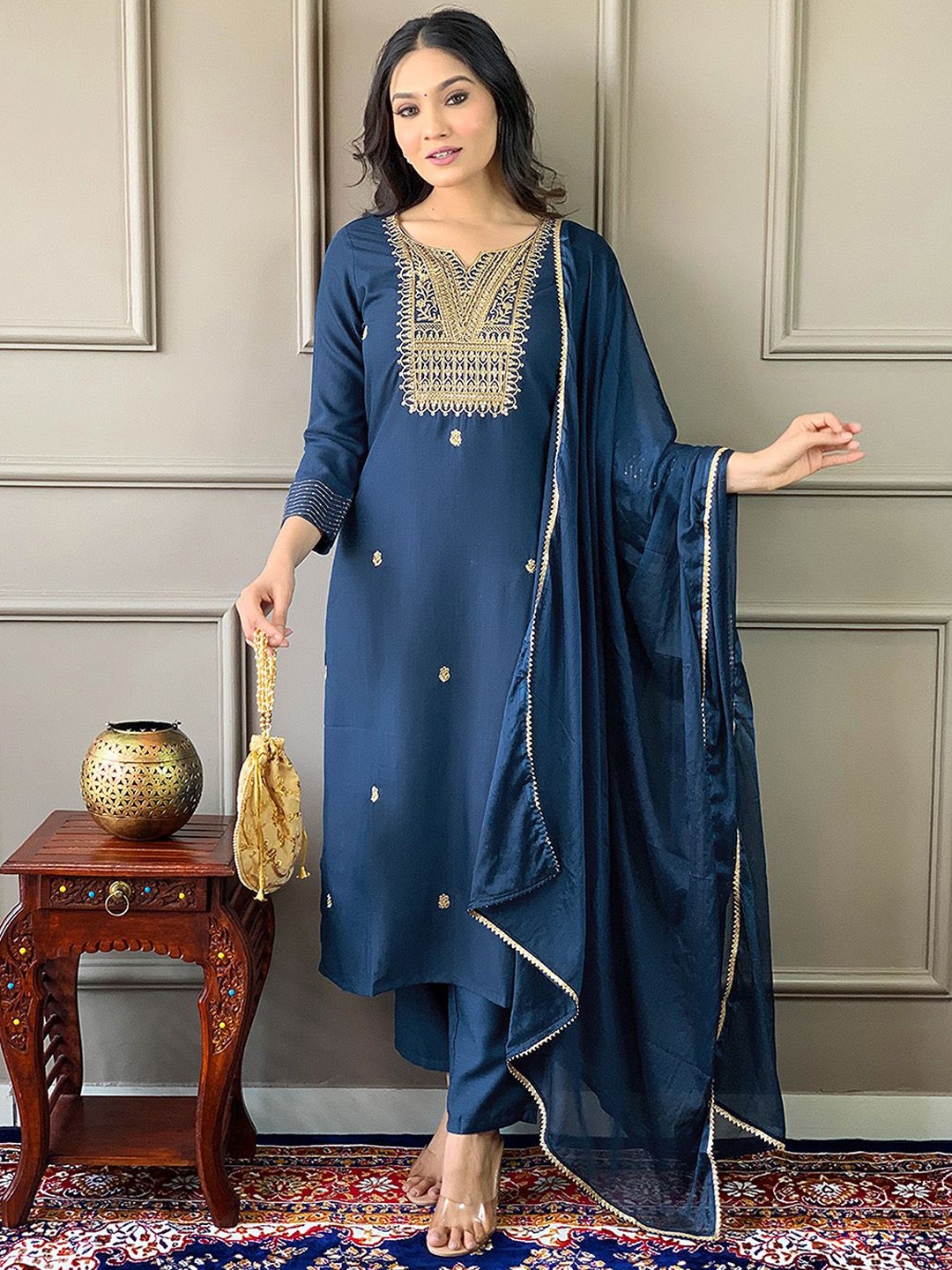 

Ishin Floral Embroidered Thread Work Kurta with Trousers & Dupatta, Blue