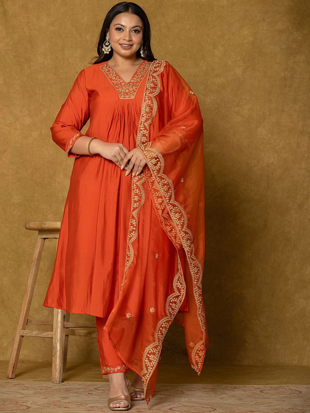 

Yufta Plus Size Floral Yoke Design Thread Work A-Line Kurta With Trousers & Dupatta, Orange