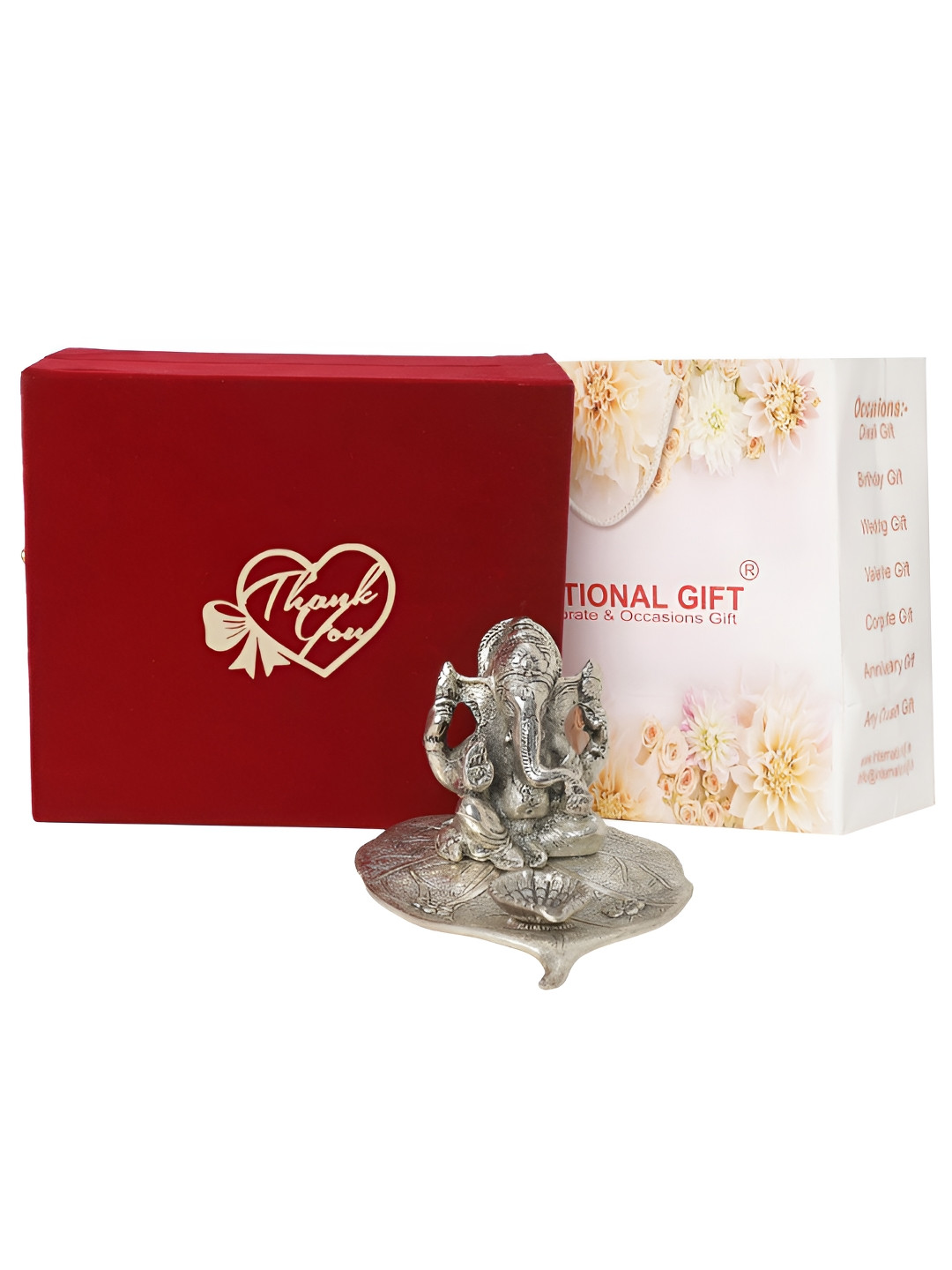 

INTERNATIONAL GIFT Silver-Toned Patta Ganesh God Religious Idol Showpiece with Velvet Box