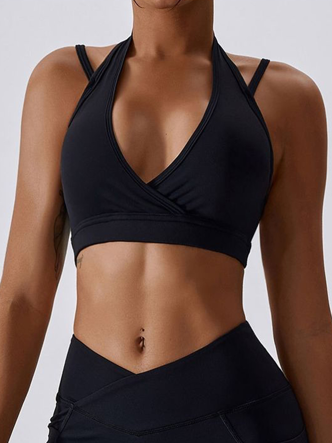 

LULU & SKY Women Solid Halter Neck Nylon Top, Black