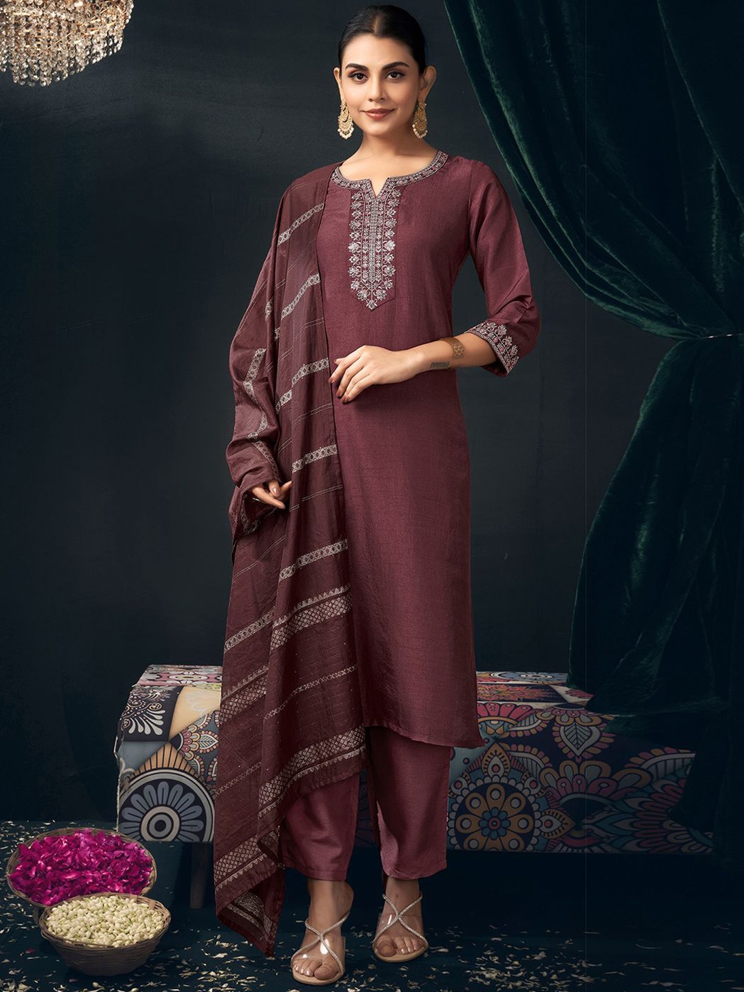 

KALINI Floral Embroidered Notch Neck Sequinned Straight Kurta with Trousers & Dupatta, Brown