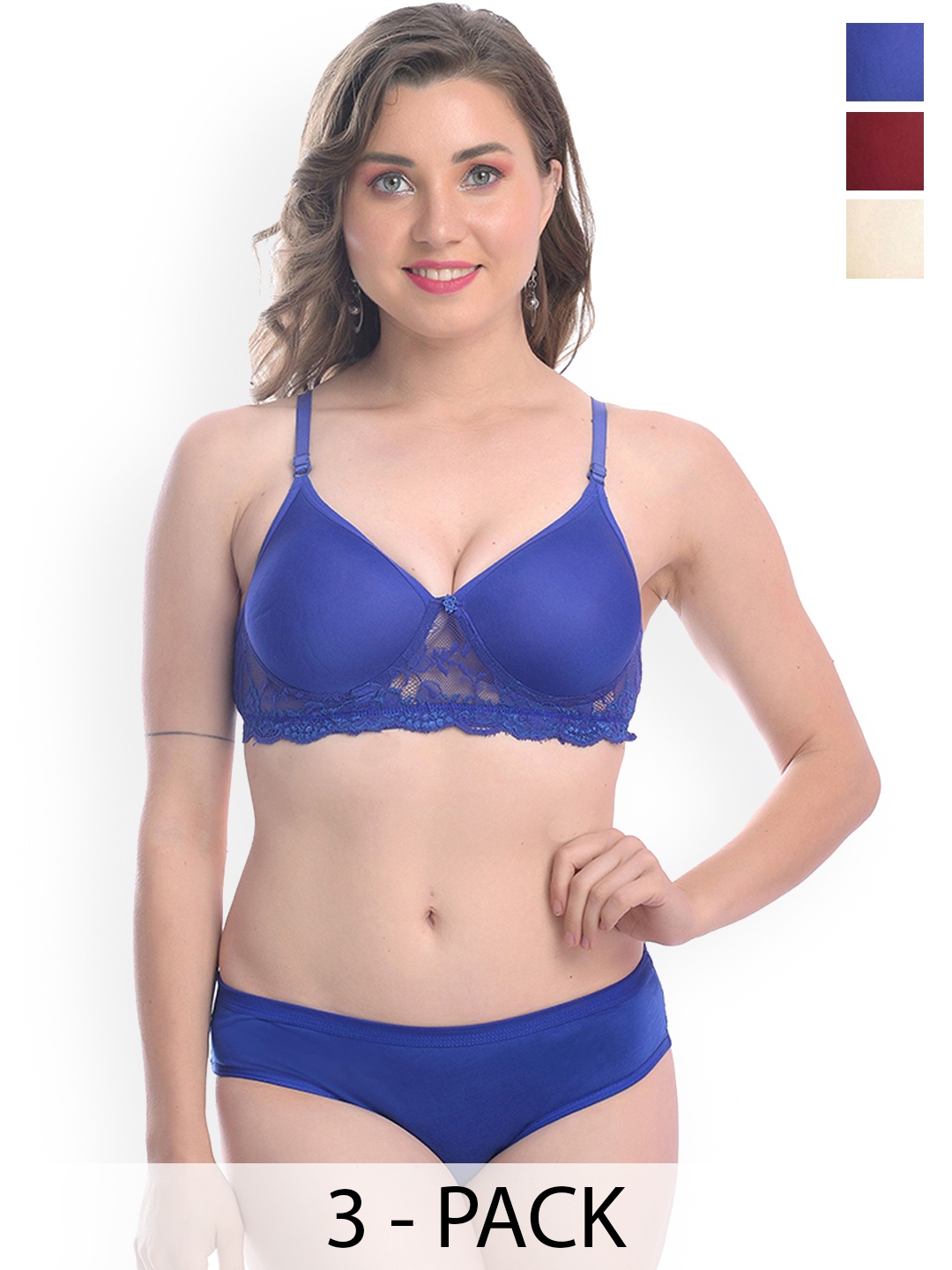 

AROUSY Pack Of 3 Women Lightly Padded Lingerie Sets, Blue